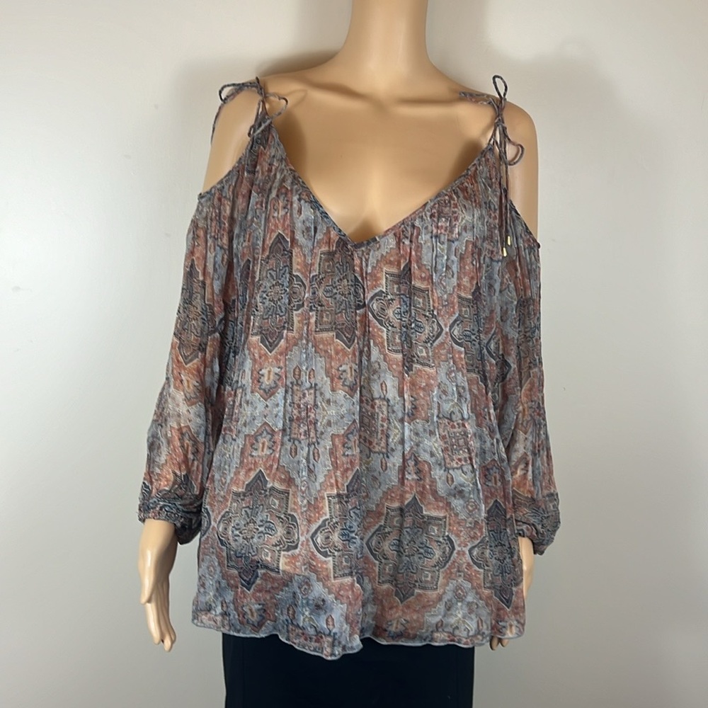 Zimmermann Sheer Grey Blue Silk Paisley Cold Shoulder V-Neck Blouse